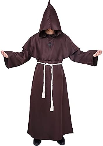 Myir JUN Deguisement Moine, Deguisement Halloween Homme Prêtre Médiéval Capot Encapuchonné Moine Costume avec Croix Renaissance Robe de Prêtre Halloween Robe (Marron, XXL)