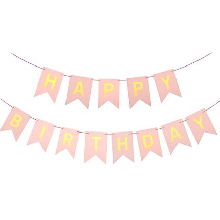 Bannière décorative « Happy Birthday » pré-tendue avec lettres brillantes – Guirlande de fanions Happy Birthday – Rose – Décoration de fête d’anniversaire – Pour filles et femmes – Avec corde de