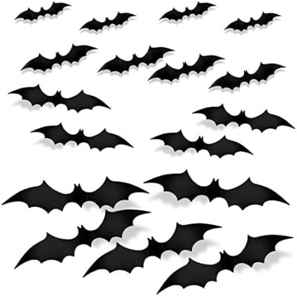 SAVITA 56 Pièces Deco Halloween Chauve Souris 3D, Autocollants Chauve Souris Noires 4 Tailles Réaliste Décoration Murale de Chauves-Souris d’Halloween pour Mur Fenêtre Porte Fournitures de Fête