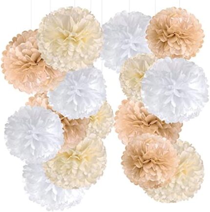 Pompon Papier de Soie Marron et Beige Pompom Fleur Boho Decoration Mariage Boule Suspendu pour Wedding Party Anniversaire Chambre Maison Fete – 15pcs (20/25cm)