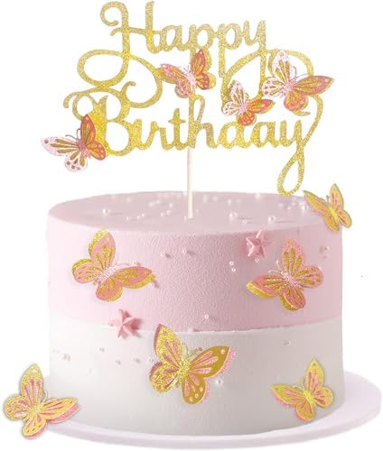 Decoration Gateau, 3D Papillon Rose Doré Cake Topper Happy Birthday Deco Cupcake de Papillon, 13 Pièces Decoration Gateau Anniversaire Fille pour Anniversaire Fête, Mariage, Fête de Thème