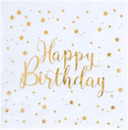 SANTEX 6747-1, Sachet de 20 petites serviettes Happy Birthday métal, Blanc/Or