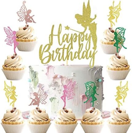 MEZHEN Décoration de Gâteau Fée Anniversaire Décoration Gateau Fairy Cake Topper Happy Birthday Topper Gâteau Décoration Cupcake Fête d’anniversaire Deco Gateau