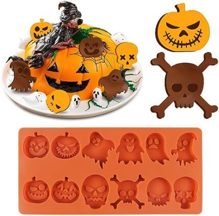 Halloween Moules à Chocolat en Silicone Crâne,Citrouilles Skull Fantômes Gâteau Moule De Cuisson,Antiadhésif Moules à Muffins Tête de Mort pour Fondant,Gâteau,Gelée,Bonbons,Savon