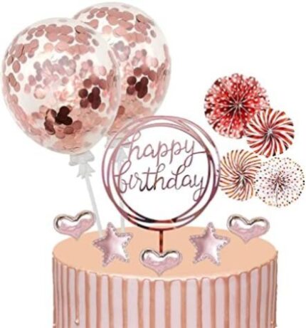 Deco Gateau Anniversaire, Happy Birthday Decoration Gateau Rose Gold Happy Birthday Cake Topper joyeux Anniversaire Ballon Étoiles Topper Avec Boule de Décoration pour Fête de D’anniversaire Fille