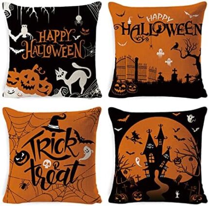 HIQE-FL 4 Pièces Housse de Coussin Halloween,Taie d’oreiller Halloween,Housses de Coussin décoratives avec taie d’oreiller crâne de Citrouille,pour la fête d’halloween