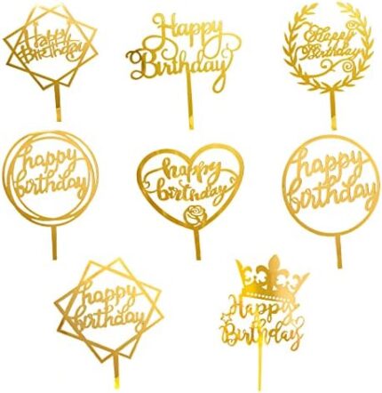 NeuWook 8 Pièces Happy Birthday Cake Topper, Happy Birthday Décoration de Gâteaux, Décoration de Gâteau de Paillettes Acrylique pour Hommes, Femmes, Anniversaire d’enfants(Or)