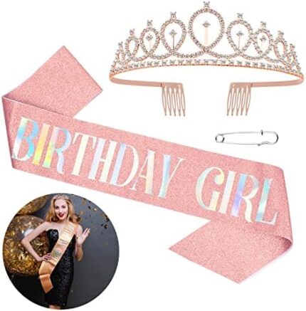 Pinsheng Couronne de Ceinture D’anniversaire Ensemble, Strass Couronne Birthday Girl Écharpe Anniversaire Or Rose Paillettée Happy Birthday Decoration Kit Anniversaire Fille pour Décoration Cadeau