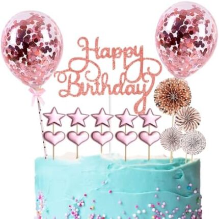 LabDip Rose Gold Happy Birthday Cake Topper,Décoration Gateau Anniversaire,Confettis Ballon Coeurs Étoiles Cupcake Topper,avec Mini Ballon pour Décoration Gâteau Anniversaire de Fille Femme