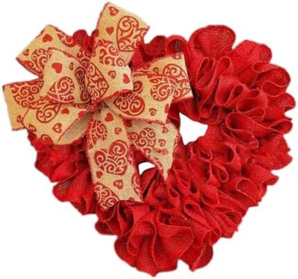 Heart Wreath,13.38in Valentines Day Decor Wreaths, Artificial Heart Shaped Wreath with Red Burlap Bows, Valentine’s Day Heart Wreath for Valentine’s Day Front Door Wall Window Decor