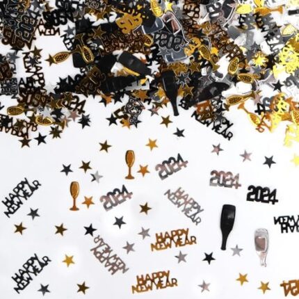 Lot de 1000 confettis de table Happy New Year RUNEAY Happy New Year 2024 – Confettis décoratifs à paillettes – Noir et doré – Décoration de fête du Nouvel An