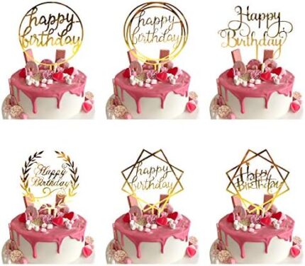 Lot de 6 Happy Birthday Cake Topper, Décorations de Gâteau d’anniversaire pour Enfants et Adultes, Acrylique Cupcake Toppers pour Décorer Le Gâteau d’anniversaire pailletées Articles de Fête (Or)