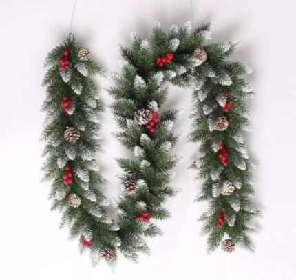 Guirlande de Noël artificielle, 9 Ft Greenery Non-light Christmas Rattan with Pine Cones and Red Berries for Outdoor Indoor Home Stairs Fireplace Mantle Front Wedding Xmas Party Decor