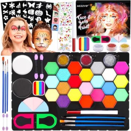 MULEVIP Palette Maquillage Enfant 27 Couleurs Peinture Visage Enfant,Maquillage Enfant Kermesse,Peinture Corporelle Maquillage Enfant Carnaval avec Pinceaux,Strass,pour Halloween,Carnaval,Noël