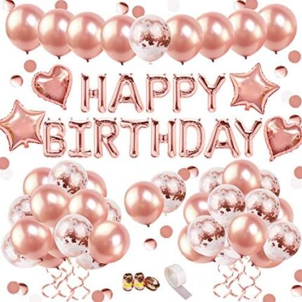 iZoeL Anniversaire Ballon Rose Kit Guirlande Happy Birthday Ballon, 15 Ballons Confettis Rose Or, 36 Latex Ballon Rose Or, 4 Ballons Chiffre étoile et Coeur