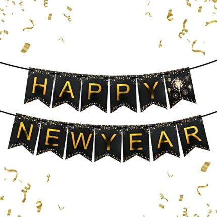 Grevosea Bannière « Happy New Year 2024 » – Guirlande noire avec alphabet doré pour le Nouvel An – Décorations de fête – Fournisseur de fête – 5 m