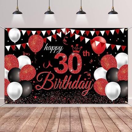 GRESATEK Bannière d’anniversaire pour 30 ans, décorations Happy 30th Birthday pour homme et femme – Noir et rouge – Décoration de fête – Panneau de cabine photo – Fond d’affiche