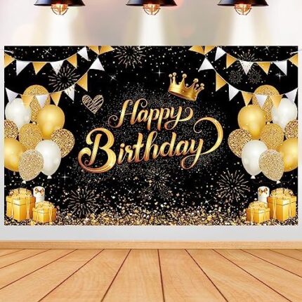 G2PLUS Banderole Joyeux Anniversaire,Toile de fond Happy Birthday Noir et or Banderole Grand Tissu de Photographie Bannière Photo pour Deco Anniversaire (180 x 110 cm)