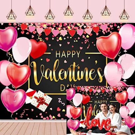 Toile de fond « Happy Valentine’s Day » pour photographie – 1,8 x 1,2 m – Motif cœurs rouges et roses – Décoration de Saint-Valentin, bannière de vacances – Accessoires de studio photo