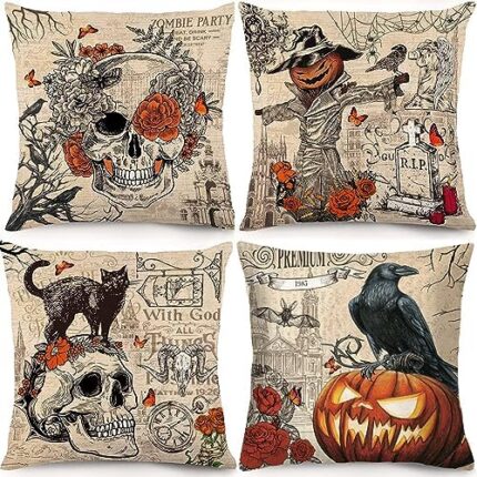 Irayin Taie d’oreiller Halloween, 4 Pièces Housse de Coussin Halloween,Housse de Coussin de Canapé avec Taie d’oreiller Crâne de Citrouille pour Fête d’halloween, Décoration de Maison (45 x 45 cm)