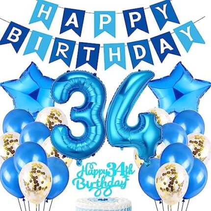 Feelairy Ballon Anniversaire Homme 34 ans, Décoration Anniversaire 34 ans Homme Bleu Décoration de Gâteau Happy 34th Birthday, Kit de Fournitures de Fête pour 34 ans Anniversaire Adultes