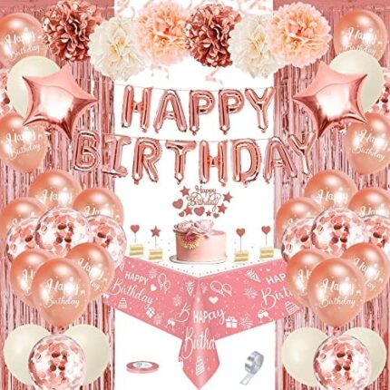 Décoration Anniversaire Femmes Or Rose,Beige Rose Gold Ballons avec Happy Birthday Bannière Nappe Rideau Pompom Foil Confettis Ballons,Decoration Anniversaire Fête pour Fille